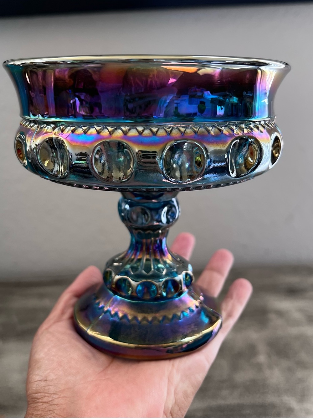 Vintage Kings Crown Blue Carnival Glass Compote Thumbprint Candy Dish Iridescent